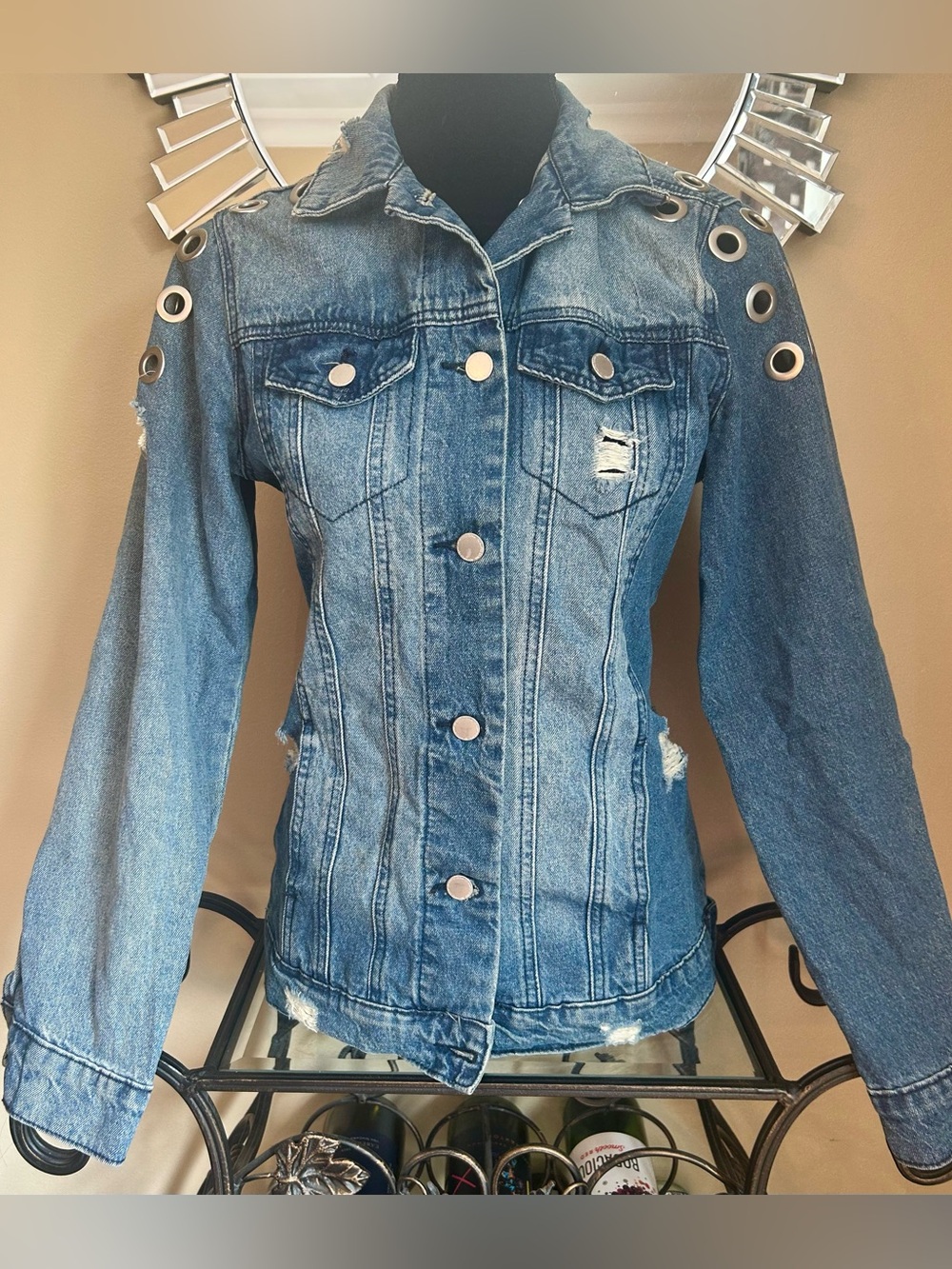 Revamped Blue Distressed Denim Jacket with Eyelet Accents